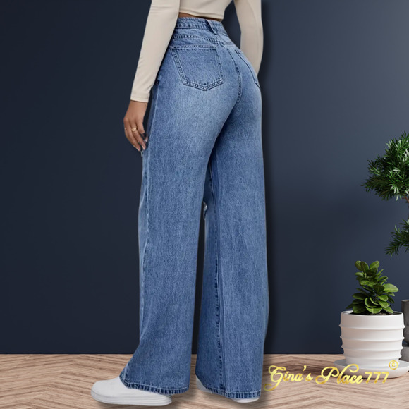 New Womens Y2K High Waisted Ripped Wide Leg Boot Cut Jeans Medium Wash Sz: Large - Picture 6 of 12